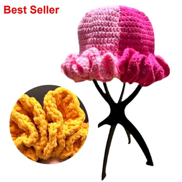 Handmade Crochet Bucket Hat with Ruffled Brim Winter Windproof main image 5